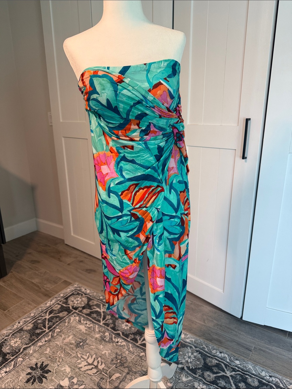 Strapless Tropical Wrap Swim Coverup in Teal & Pink